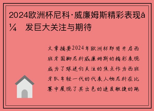 2024欧洲杯尼科·威廉姆斯精彩表现引发巨大关注与期待